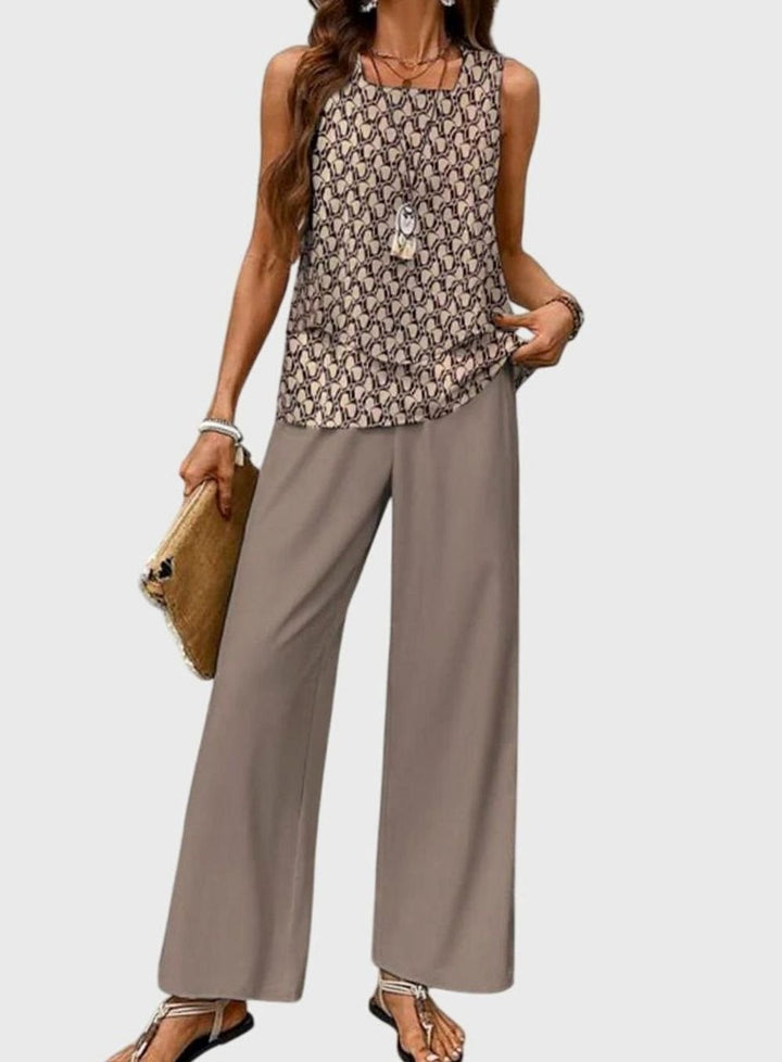 Women's Square-Neck Sleeveless Loose-Fit Floral 2-Piece Set - Khaki