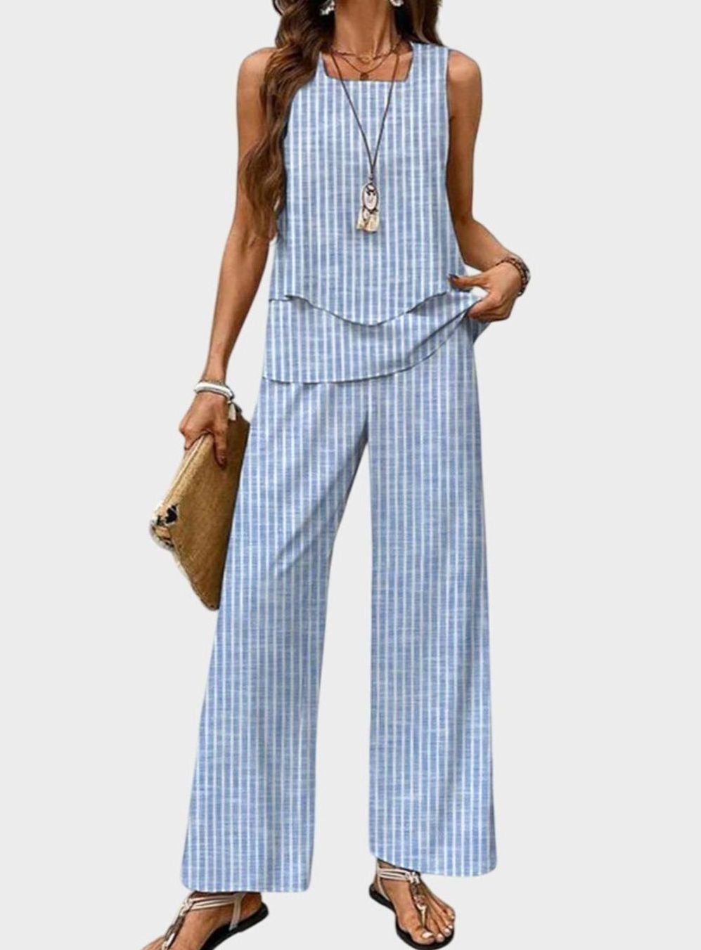 Women's Square-Neck Sleeveless Loose-Fit Floral 2-Piece Set - Blue Stripes