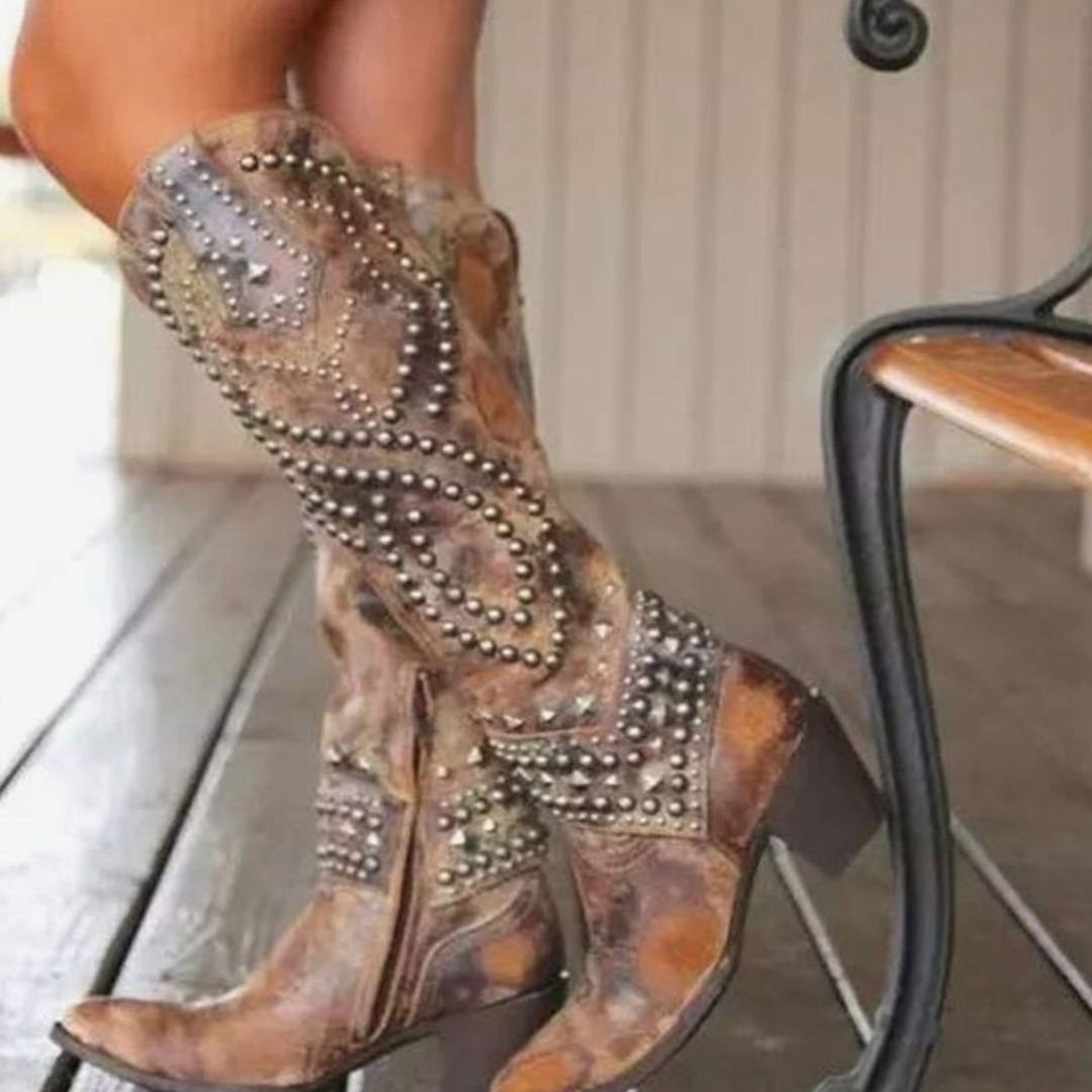 Women's Studded Knee-High Chunky-Heel Western Cowboy Boots - Brown