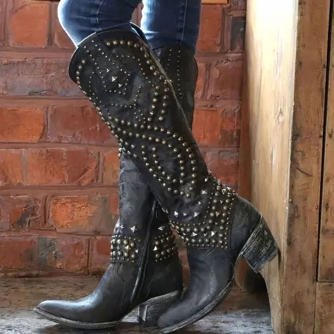 Women's Studded Knee-High Chunky-Heel Western Cowboy Boots - Black