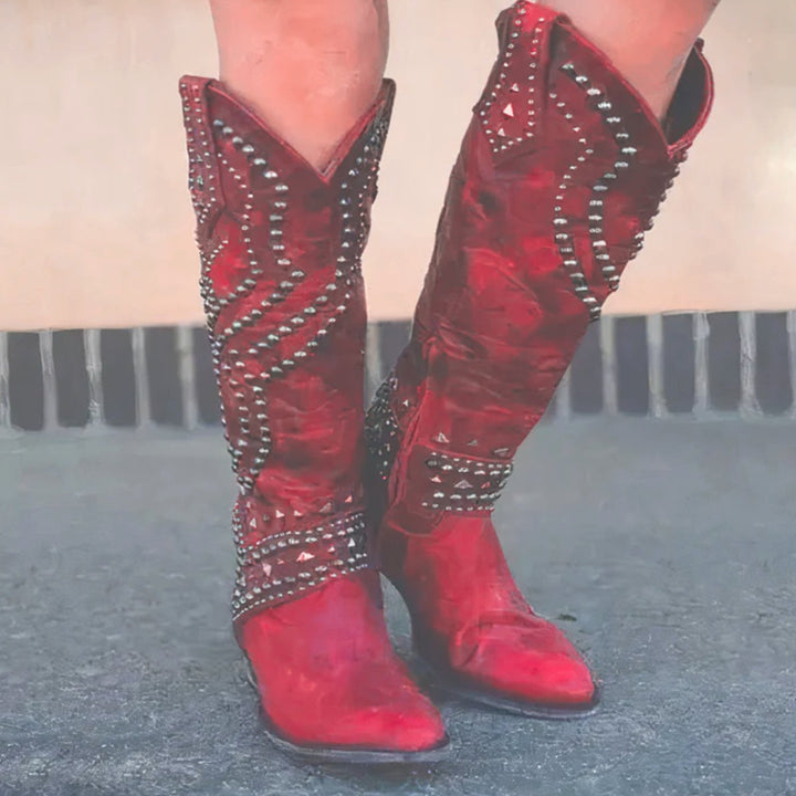 Women's Studded Knee-High Chunky-Heel Western Cowboy Boots - Red