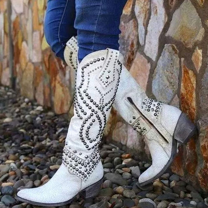 Women's Studded Knee-High Chunky-Heel Western Cowboy Boots - White