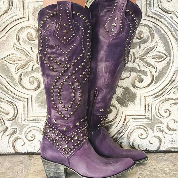 Women's Studded Knee-High Chunky-Heel Western Cowboy Boots - Purple