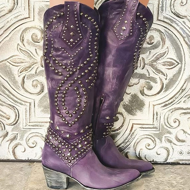Women's Studded Knee-High Cowgirl Western Boots Block Heel - Purple