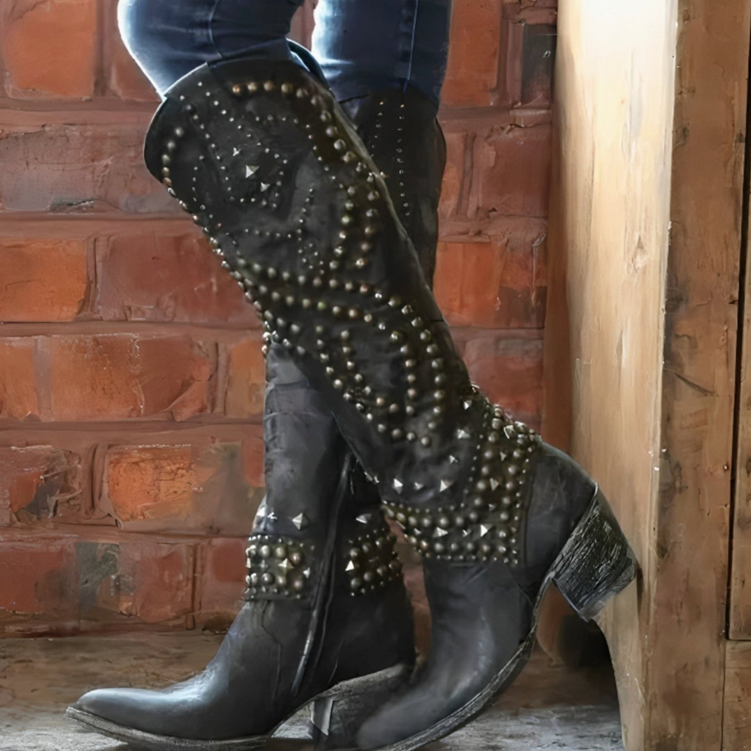 Women's Studded Knee-High Cowgirl Western Boots Block Heel - Black