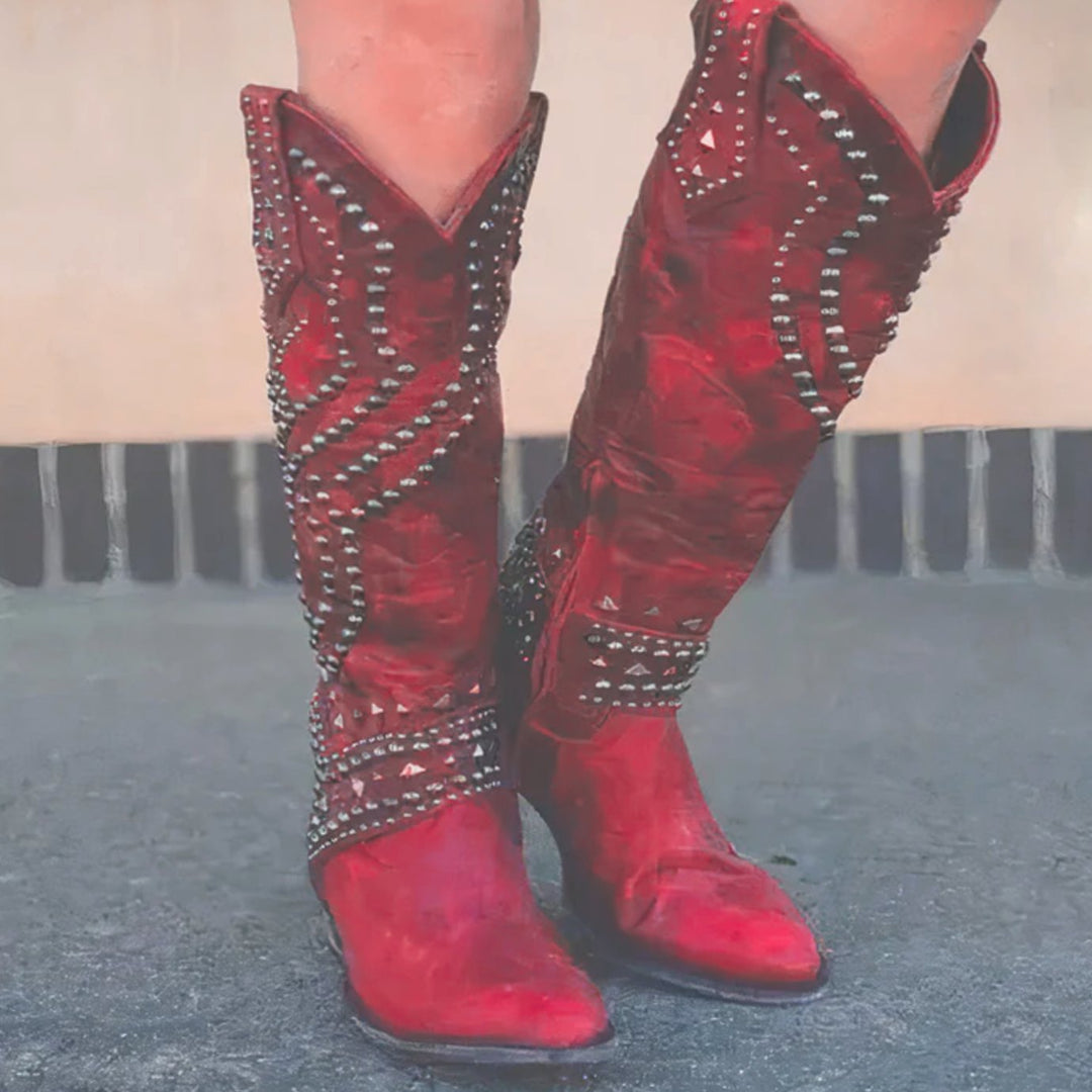 Women's Studded Knee-High Cowgirl Western Boots Block Heel - Red