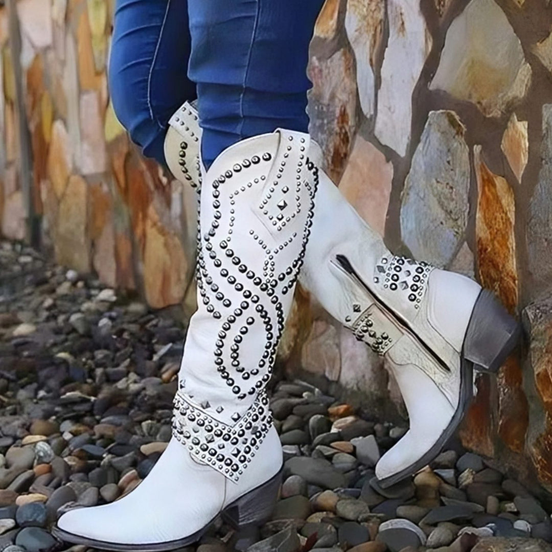 Women's Studded Knee-High Cowgirl Western Boots Block Heel - White