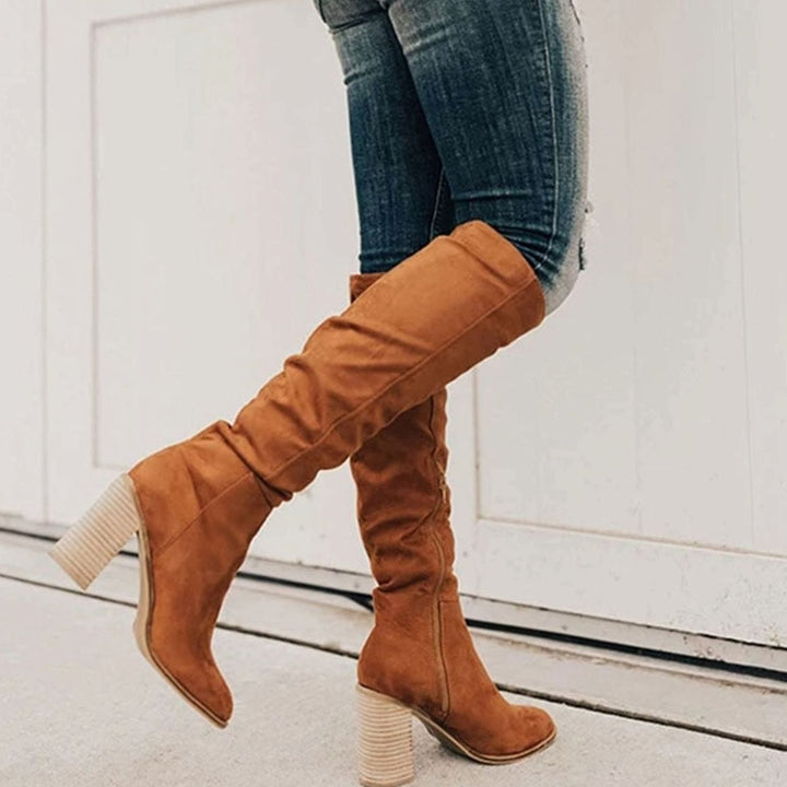 Women's Suede Block-Heel Knee-High Boots - Brown