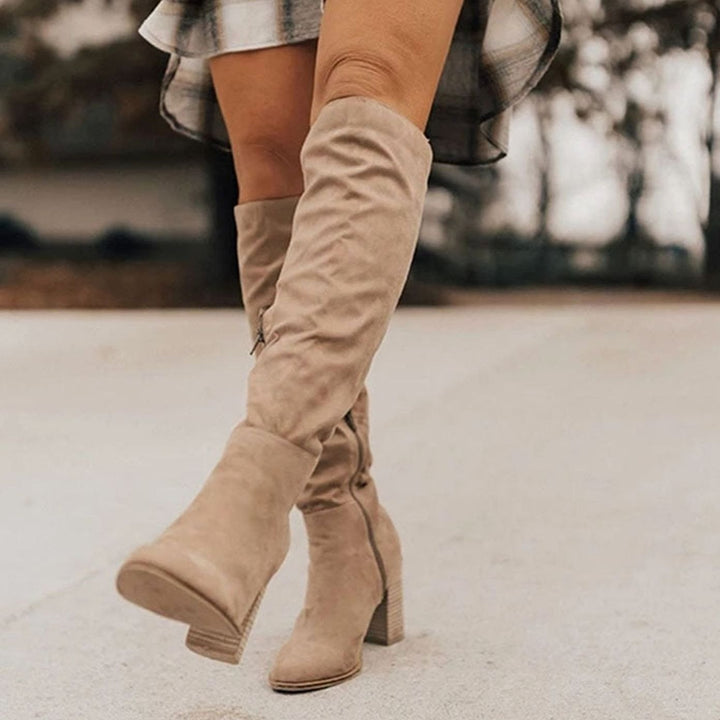Women's Suede Block-Heel Knee-High Boots - Beige