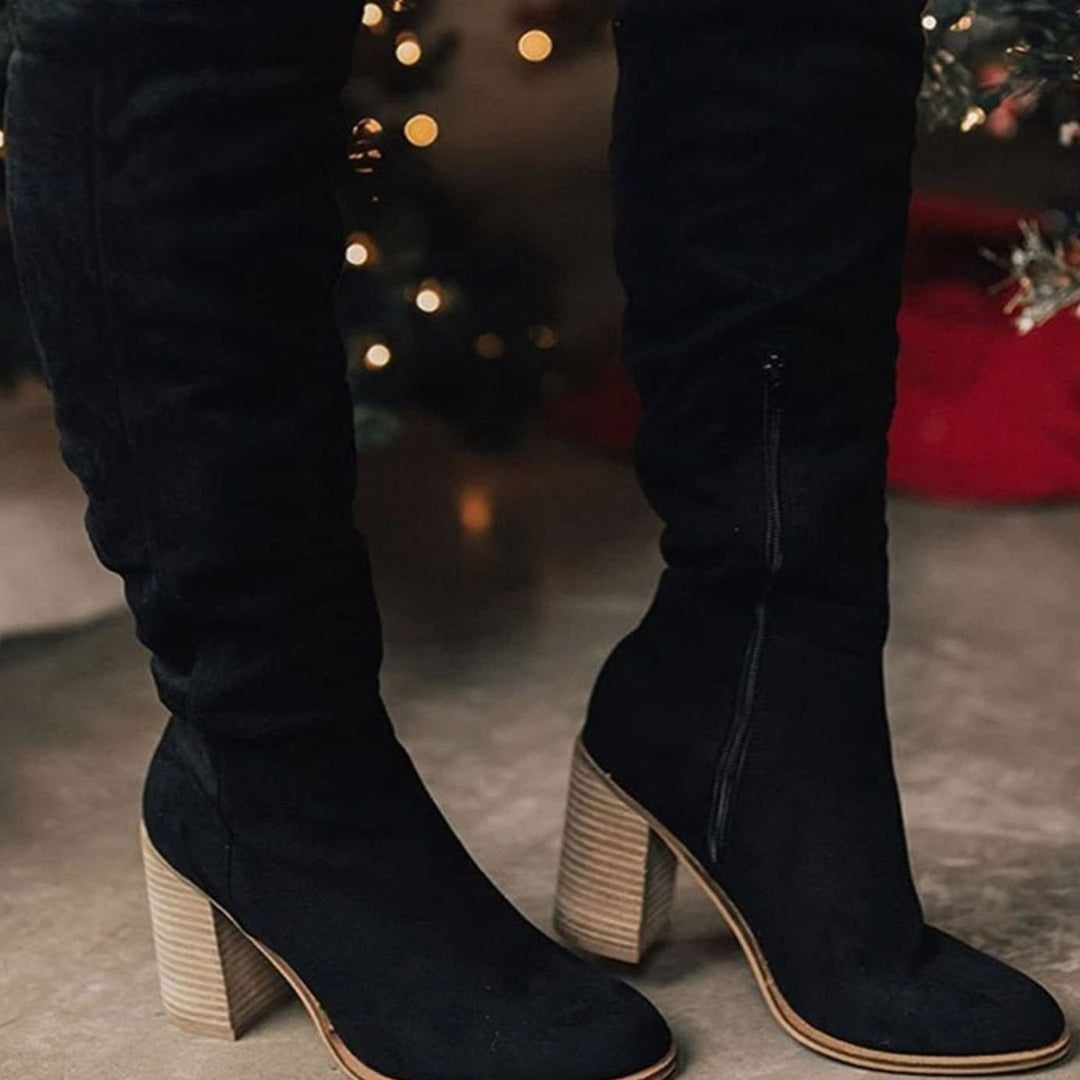 Women's Suede Block-Heel Knee-High Boots - Black