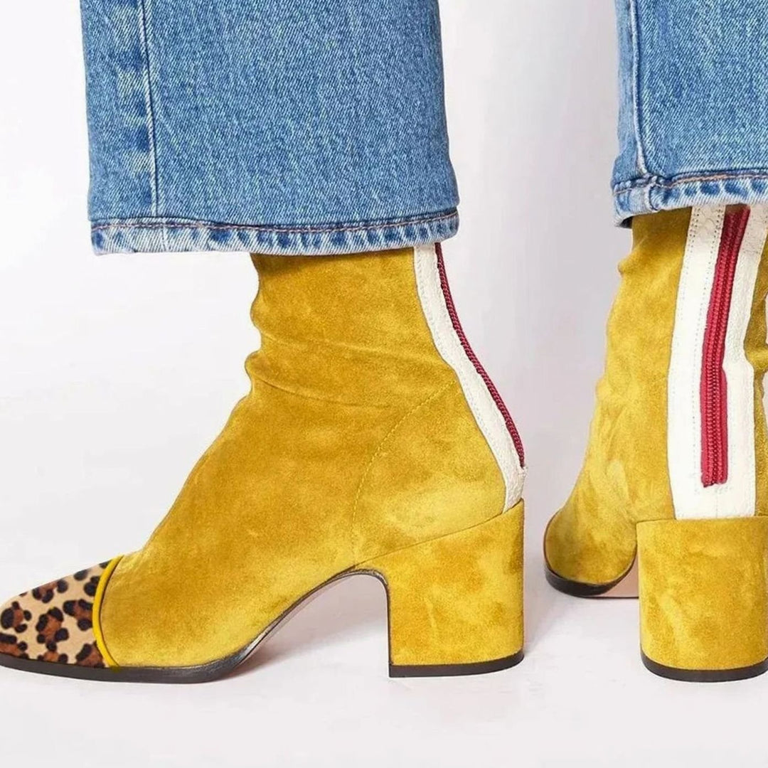 Women's Suede Block-Heel Leopard-Toe Zip Ankle Boots