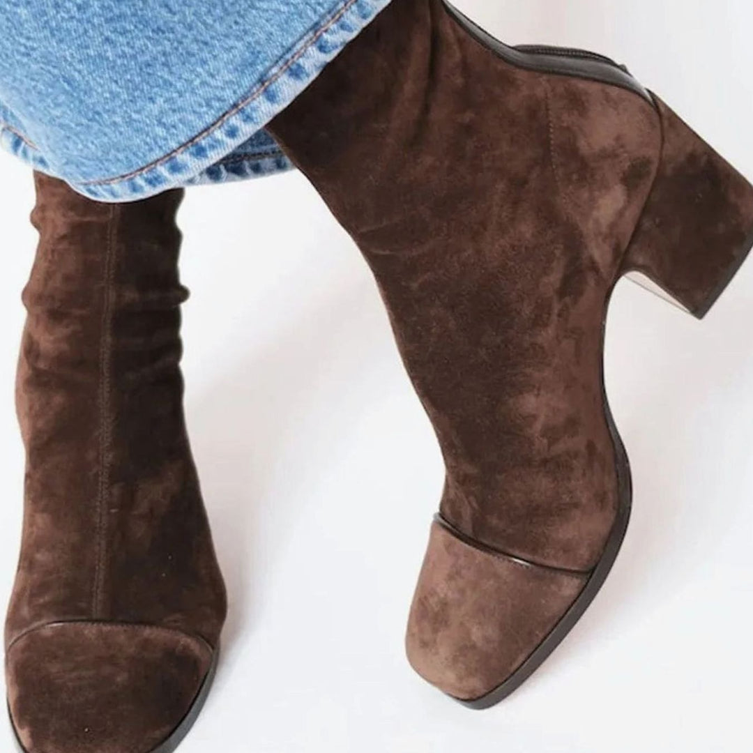 Women's Suede Block-Heel Leopard-Toe Zip Ankle Boots