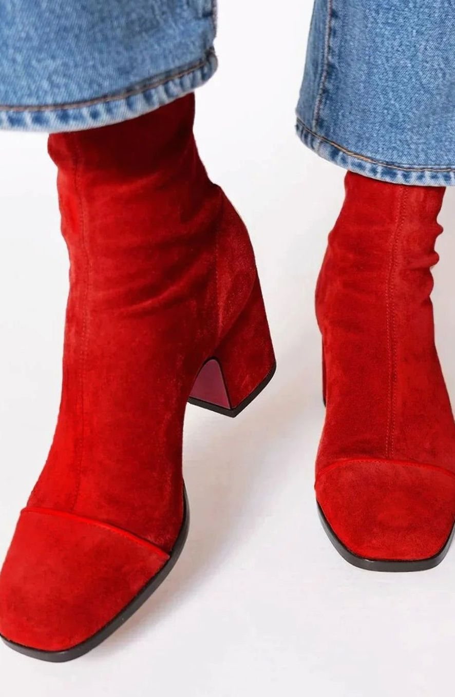 Women's Suede Block-Heel Leopard-Toe Zip Ankle Boots - Red