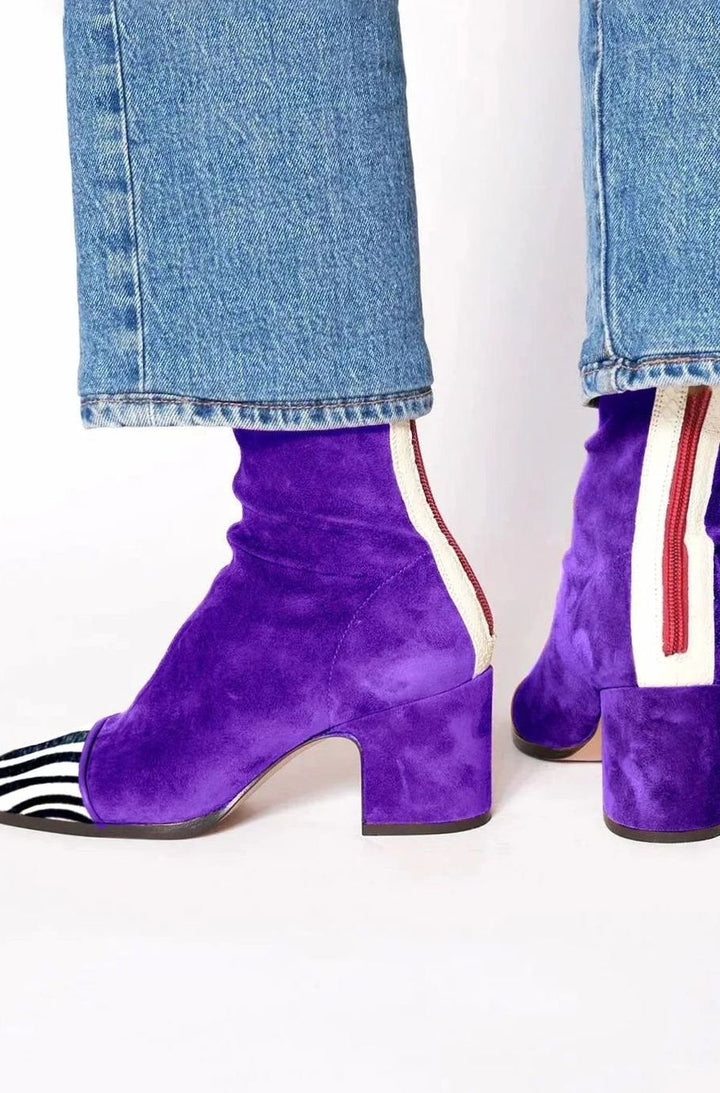 Women's Suede Block-Heel Leopard-Toe Zip Ankle Boots - Purple