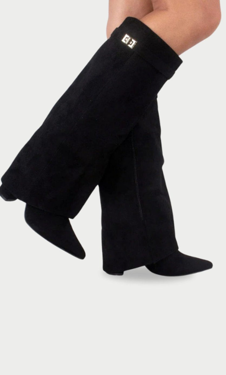 Women's Suede Knee-High Fold-Over Buckle Boots - Black Suede
