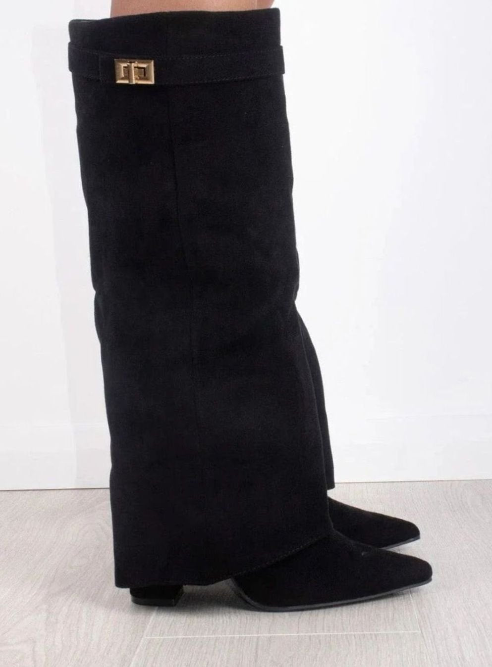 Women's Suede Knee-High Fold-Over Buckle Boots