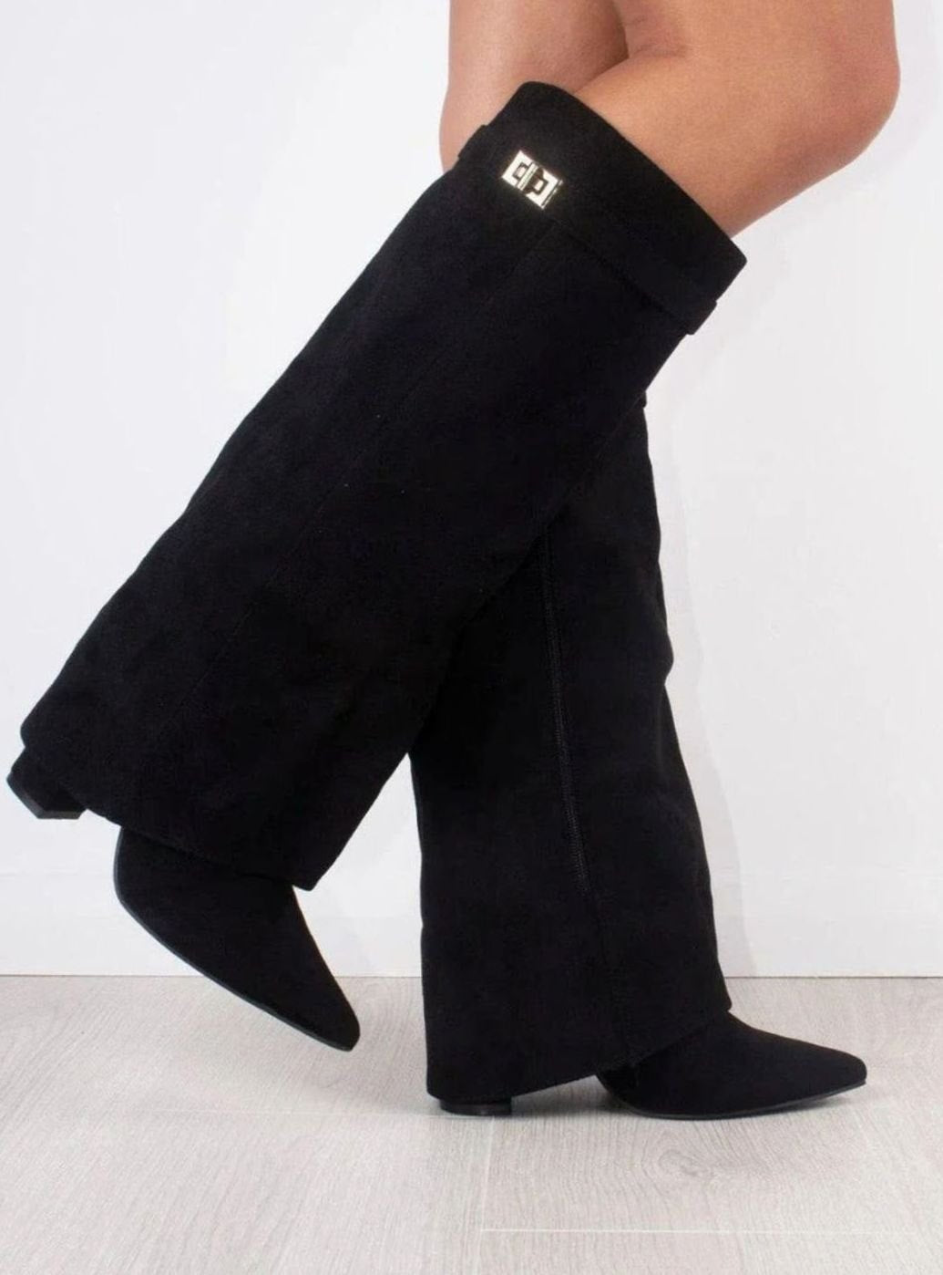 Women's Suede Knee-High Fold-Over Buckle Boots