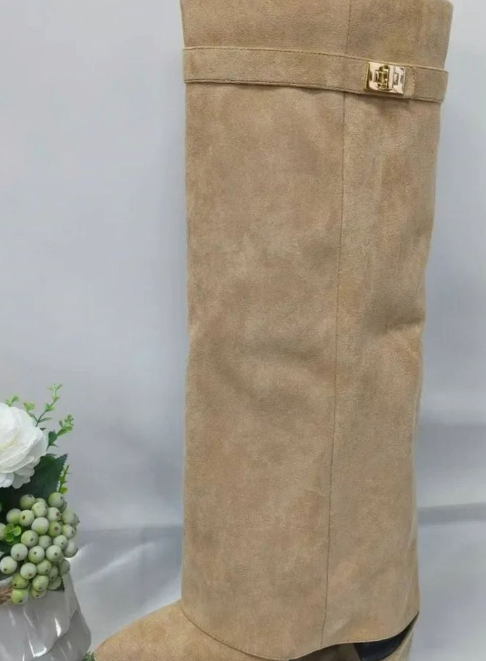 Women's Suede Knee-High Fold-Over Gold-Buckle Boots - Apricot