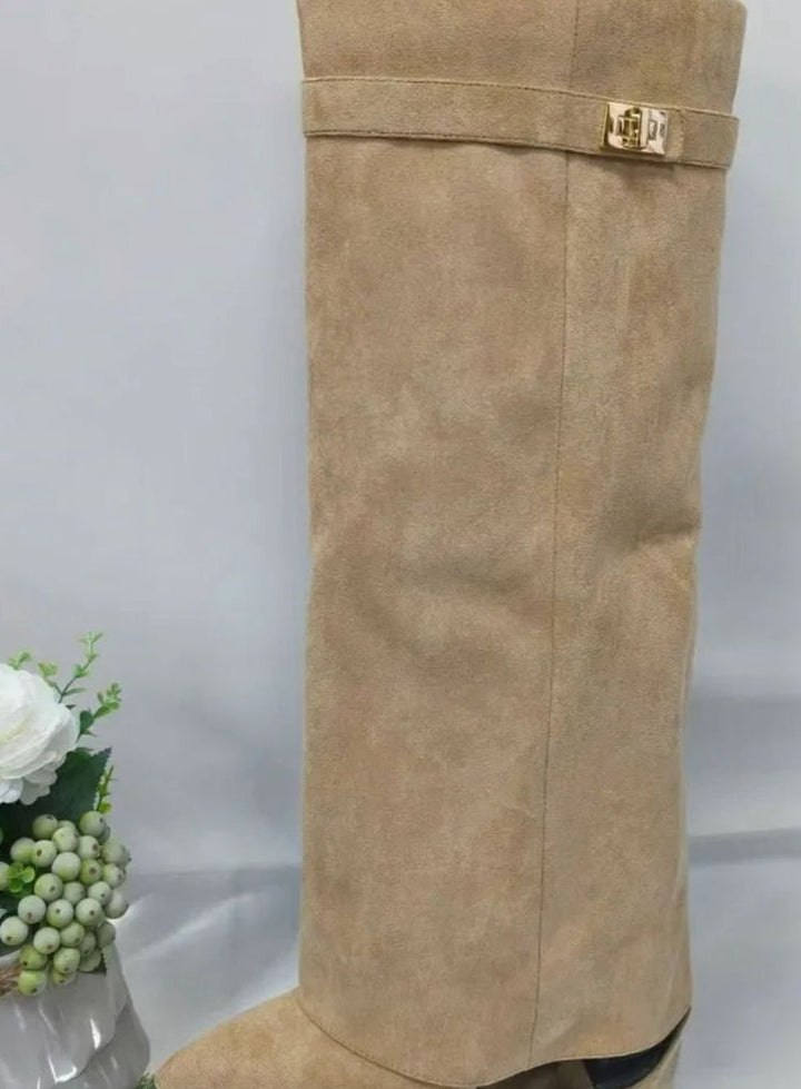 Women's Suede Knee-High Fold-Over Gold-Buckle Boots - Apricot