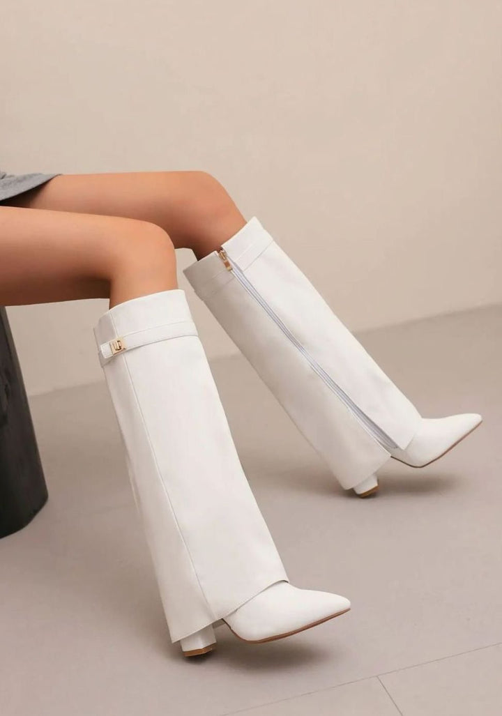 Women's Suede Knee-High Fold-Over Gold-Buckle Boots - White Plush