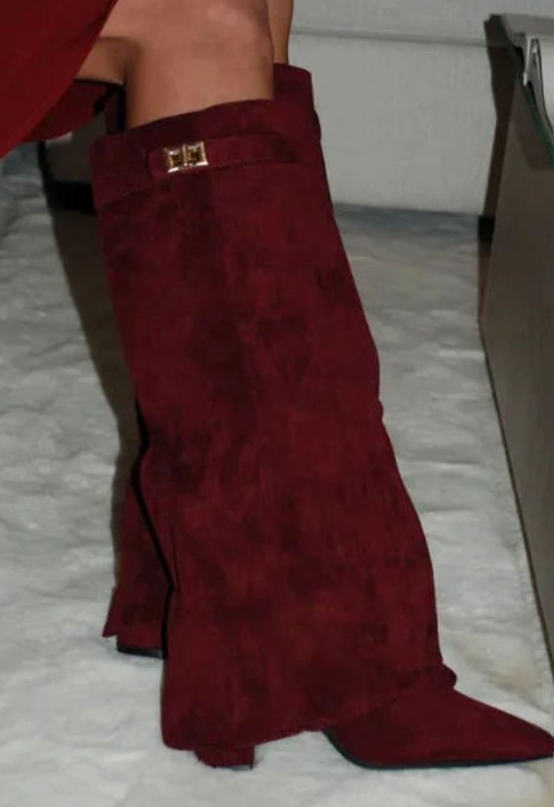 Women's Suede Knee-High Fold-Over Gold-Buckle Boots - Red Suede