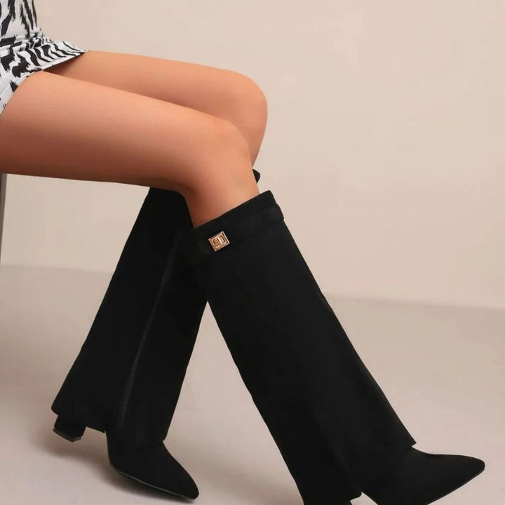 Women's Suede Knee-High Fold-Over Gold-Buckle Boots - Suede Plush