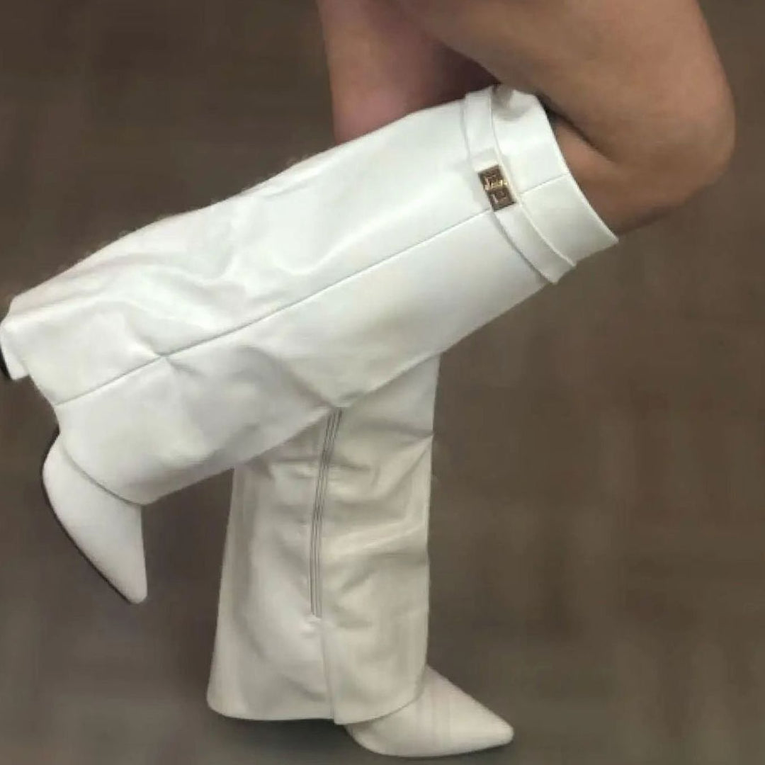 Women's Suede Knee-High Fold-Over Gold-Buckle Boots - White