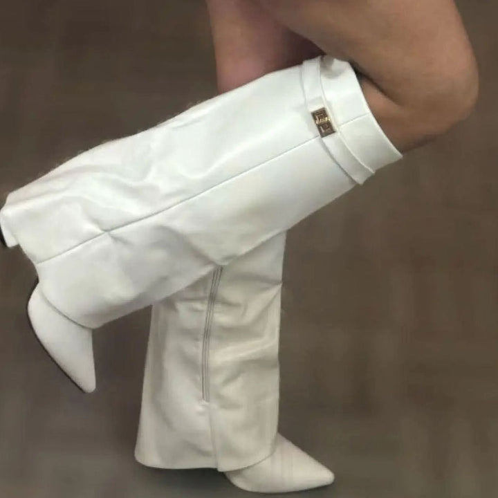 Women's Suede Knee-High Fold-Over Gold-Buckle Boots - White