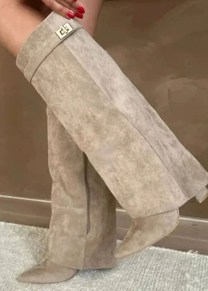 Women's Suede Knee-High Fold-Over Gold-Buckle Boots