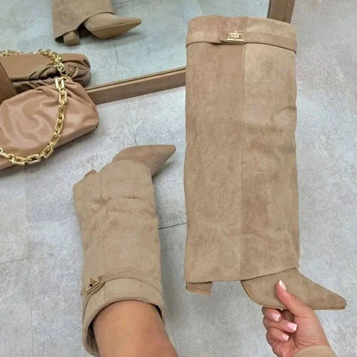 Women's Suede Knee-High Fold-Over Gold-Buckle Boots - Apricot Plush