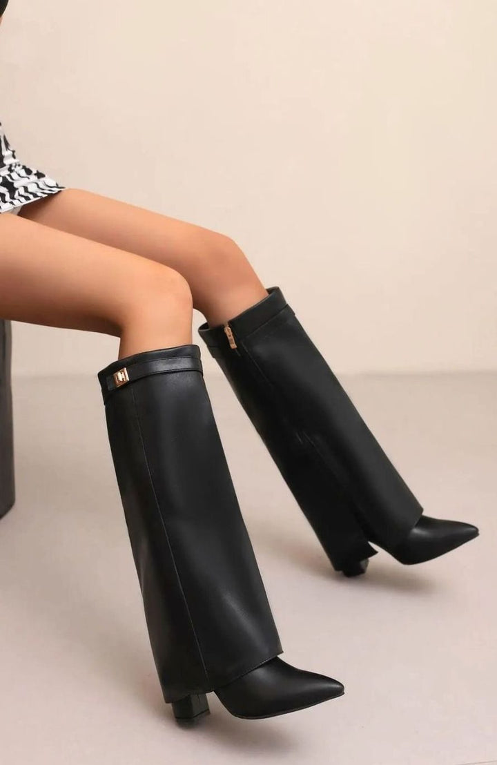 Women's Suede Knee-High Fold-Over Gold-Buckle Boots - Black Plush