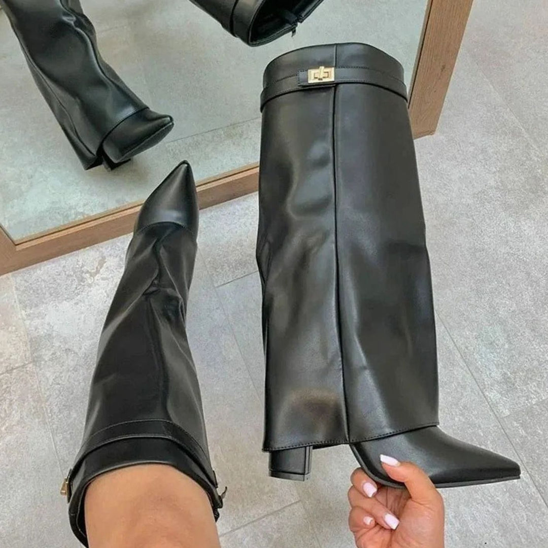 Women's Suede Knee-High Fold-Over Gold-Buckle Boots - Black Suede