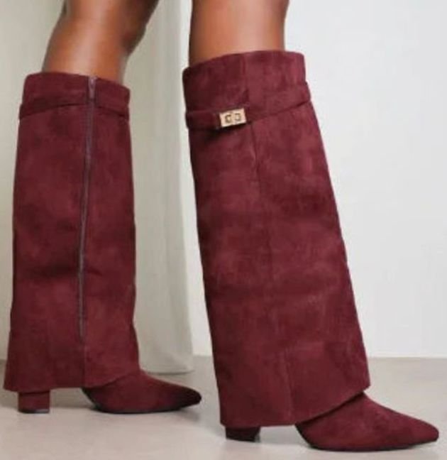 Women's Suede Knee-High Fold-Over Gold-Buckle Boots - Red Suede Plush