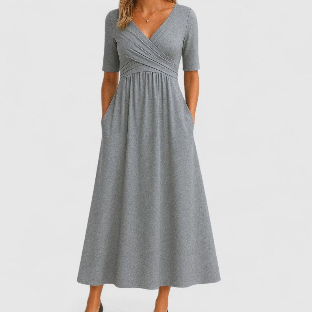 Women's Surplice V-Neck Pleated Waist Flared Midi Dress Pockets - Gray