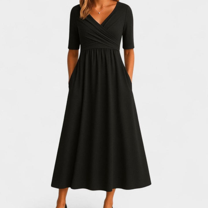 Women's Surplice V-Neck Pleated Waist Flared Midi Dress Pockets - Black