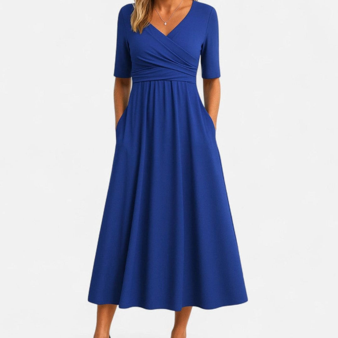 Women's Surplice V-Neck Pleated Waist Flared Midi Dress Pockets - Blue