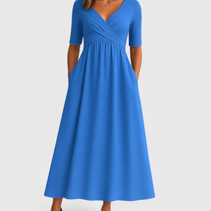 Women's Surplice V-Neck Pleated Waist Flared Midi Dress Pockets - Light Blue