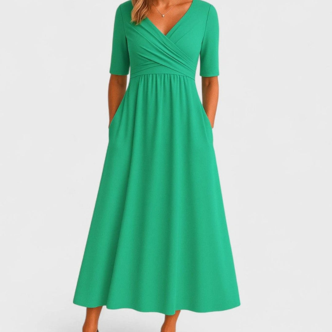 Women's Surplice V-Neck Pleated Waist Flared Midi Dress Pockets - Green