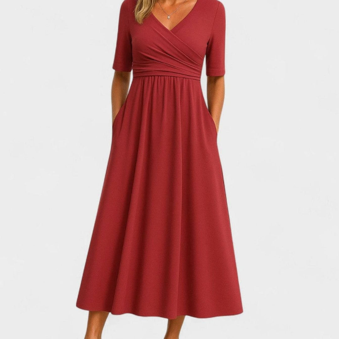 Women's Surplice V-Neck Pleated Waist Flared Midi Dress Pockets - Red