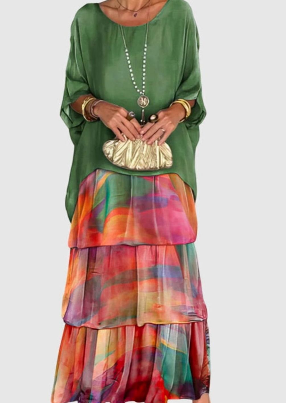 Women's Tiered Colorblock Maxi Elegant Dress Flowing Batwing Sleeve