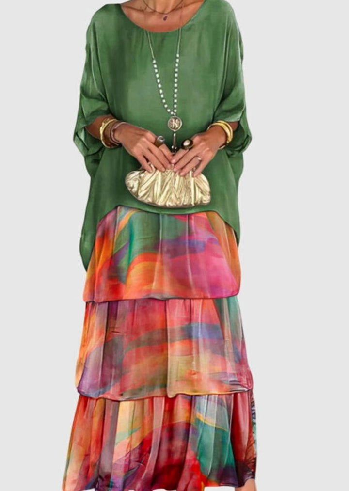 Women's Tiered Colorblock Maxi Elegant Dress Flowing Batwing Sleeve