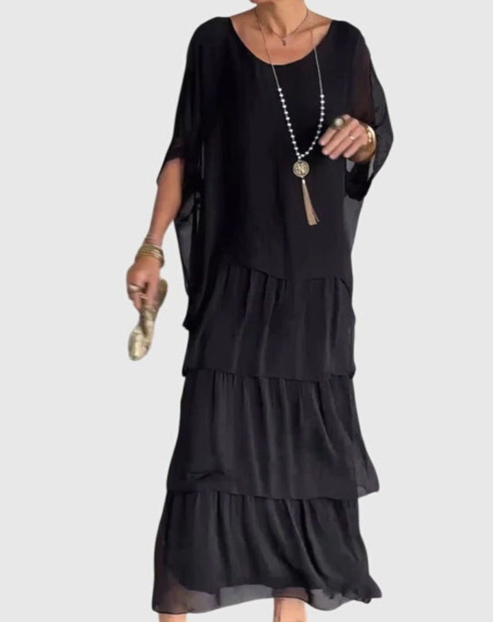 Women's Tiered Colorblock Maxi Elegant Dress Flowing Batwing Sleeve - Black