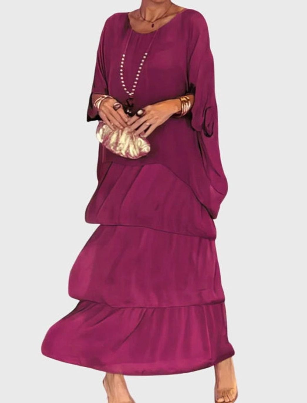 Women's Tiered Colorblock Maxi Elegant Dress Flowing Batwing Sleeve - Pink-Violet
