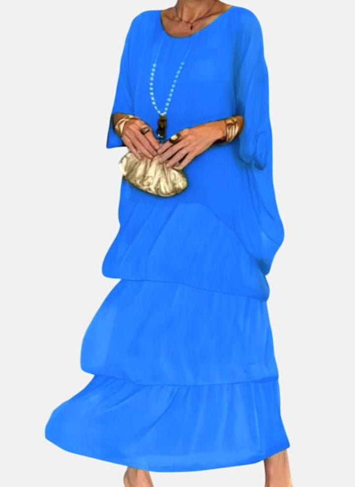 Women's Tiered Colorblock Maxi Elegant Dress Flowing Batwing Sleeve