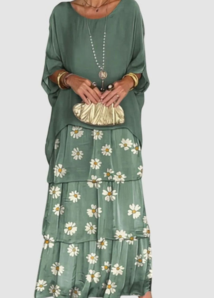 Women's Tiered Colorblock Maxi Elegant Dress Flowing Batwing Sleeve