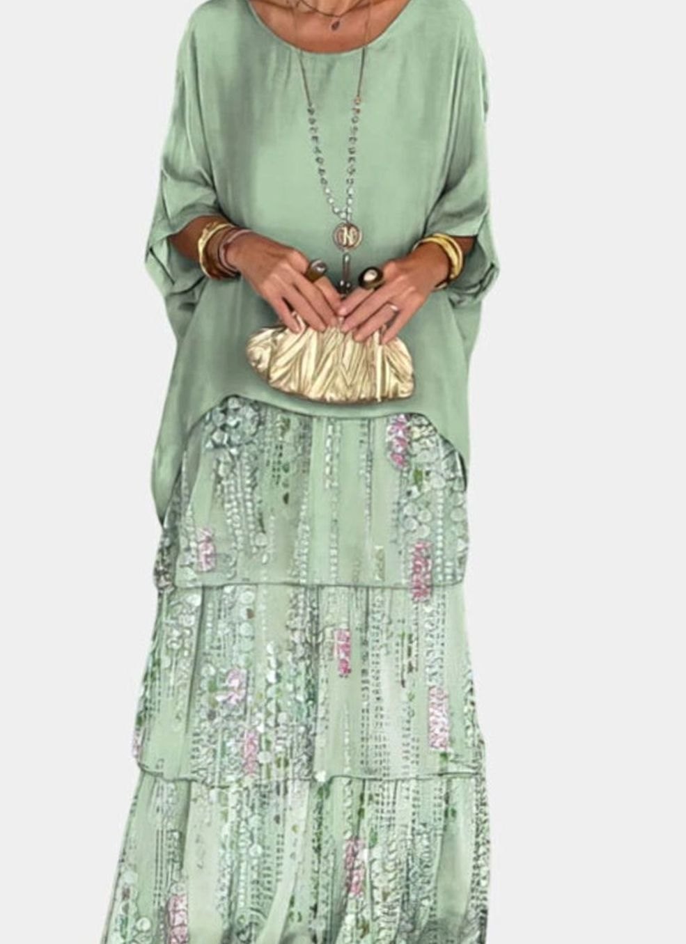 Women's Tiered Colorblock Maxi Elegant Dress Flowing Batwing Sleeve - Faded Green