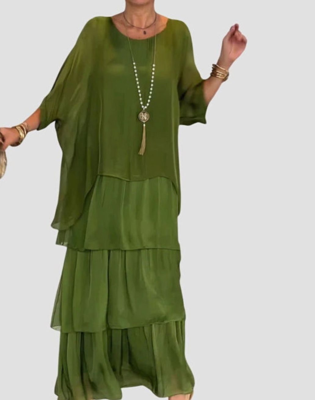 Women's Tiered Colorblock Maxi Elegant Dress Flowing Batwing Sleeve - Dark Green