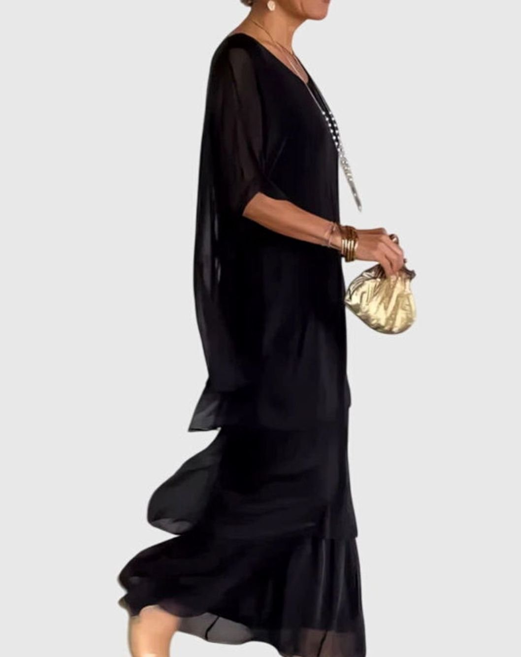 Women's Tiered Colorblock Maxi Elegant Dress Flowing Batwing Sleeve