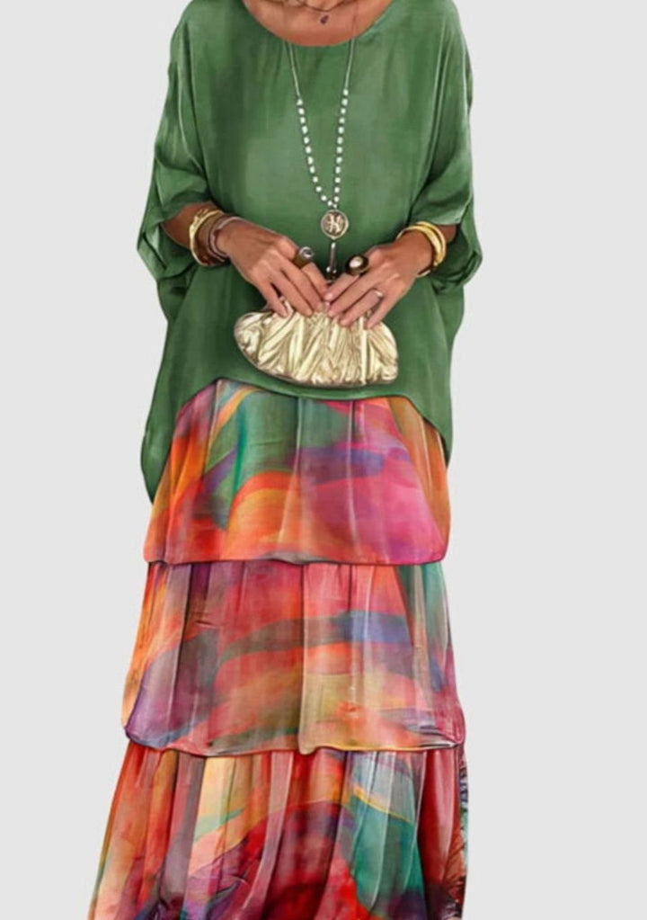 Women's Tiered Colorblock Maxi Elegant Dress Flowing Batwing Sleeve - Multicolor