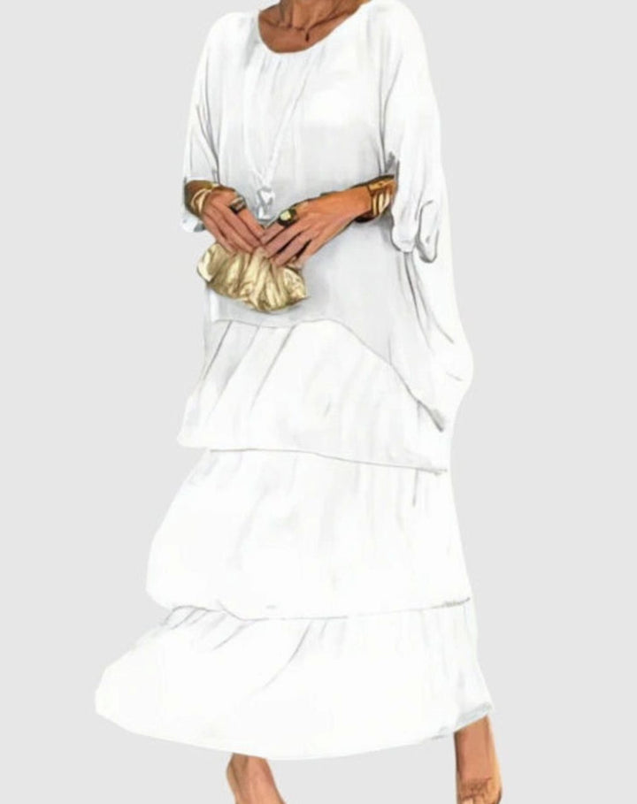Women's Tiered Colorblock Maxi Elegant Dress Flowing Batwing Sleeve - White